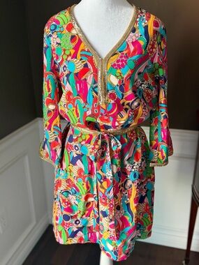 Lily Pulitzer Shannon Dress Bling My Chimes 100% Silk Lined Belted Side Zipper 6